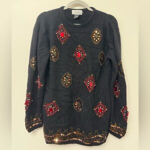 Destinee Vintage Silk Sequin and Jewel Embellished Black Sweater